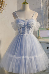 Blue Tulle Lace Short Sweet 16 Princess Homecoming Dress with Bowknot